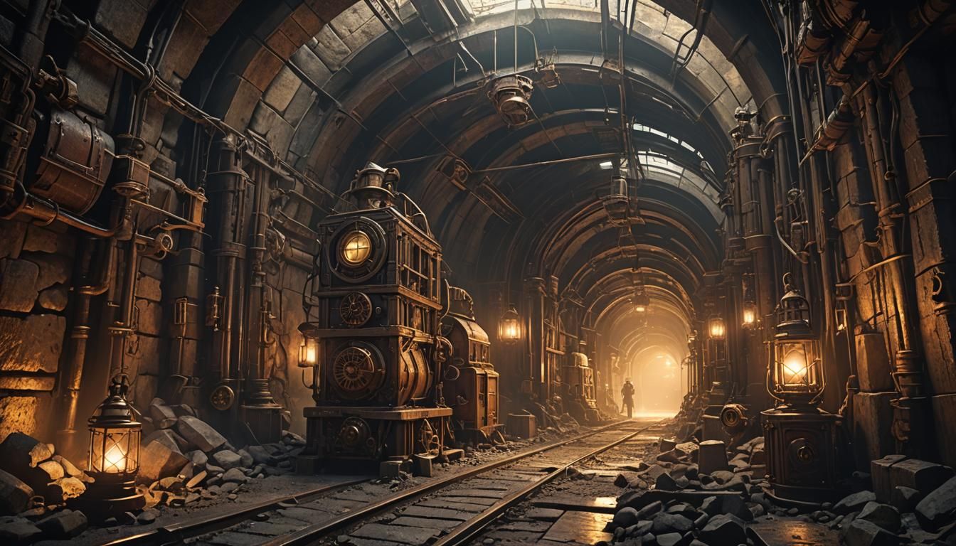 Steampunk Miner's Lantern in a Mine Tunnel
