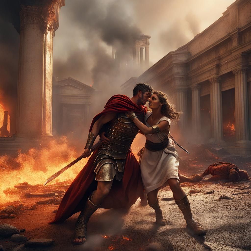Roman Woman Rescuing Legionnaire in Burning City