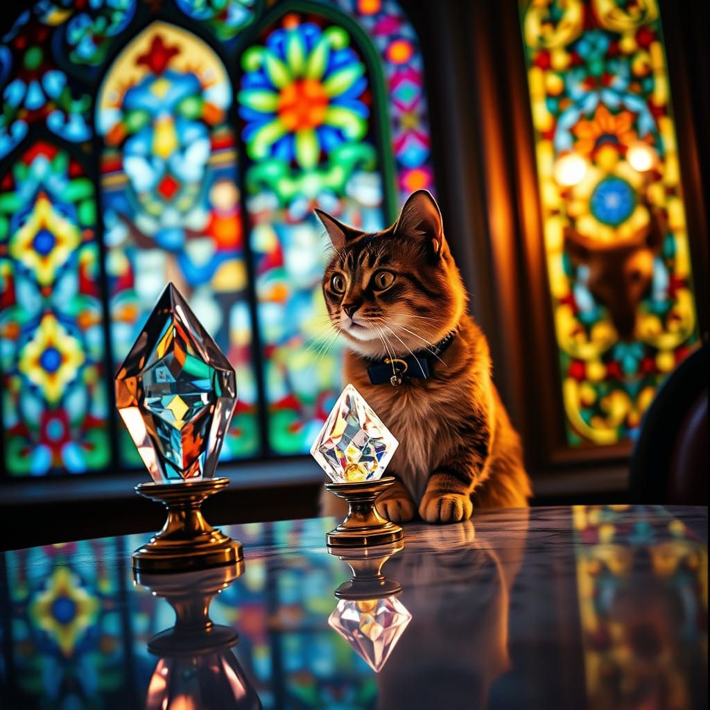 Regal Cat Contemplates Radiant Neon Crystal in Grand Christm...