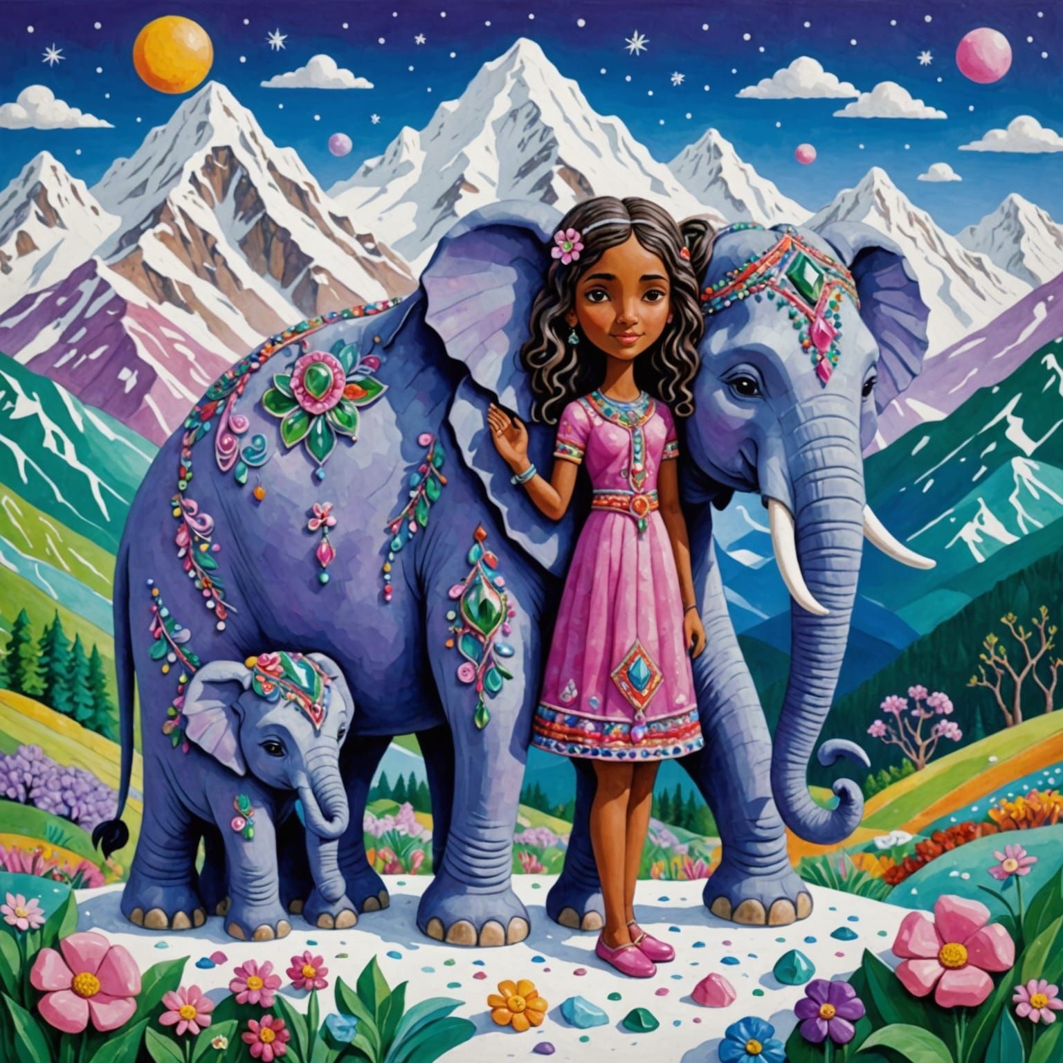 Girl and Elephant in Vibrant Relief Art