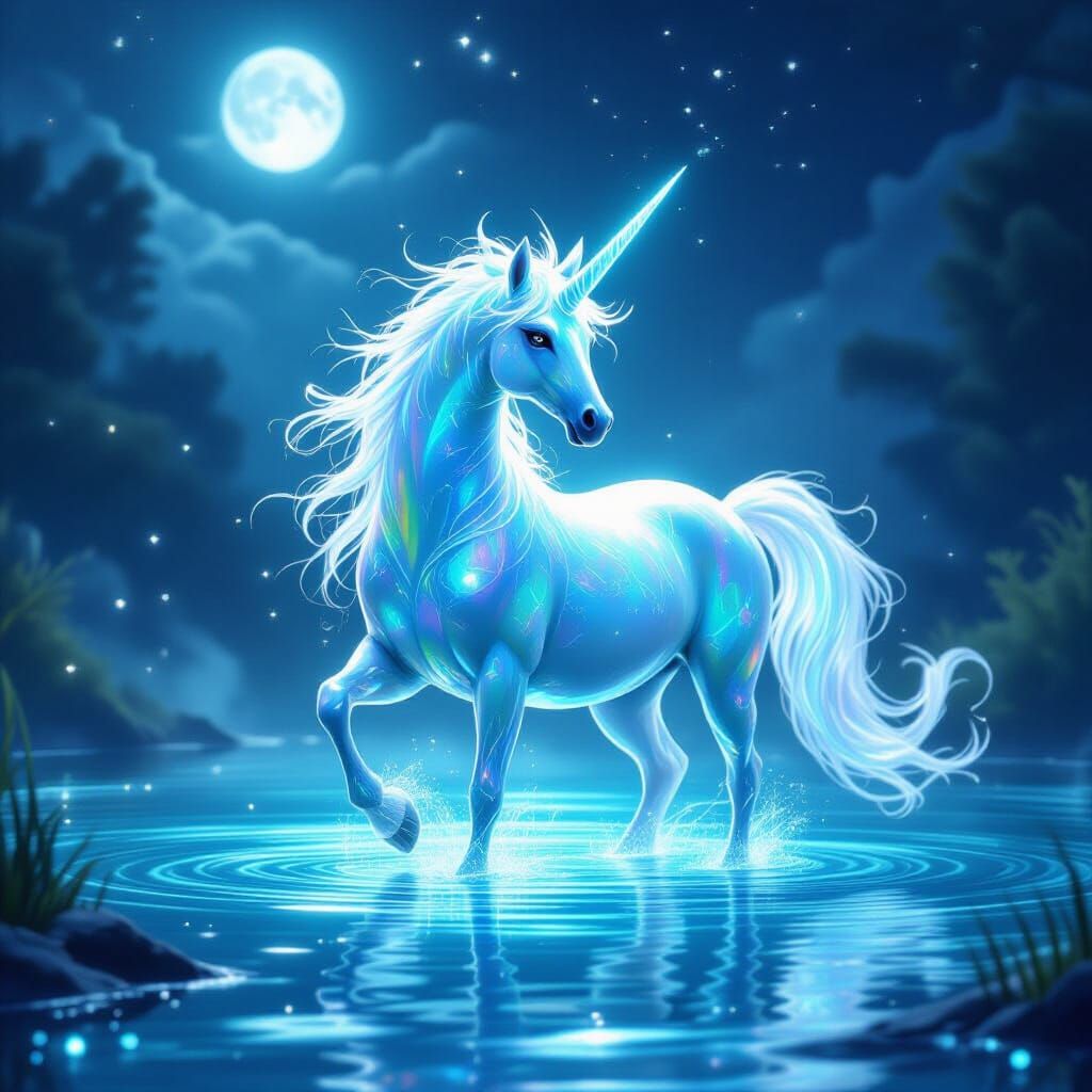 Mythical Water Unicorn in Moonlit Lake