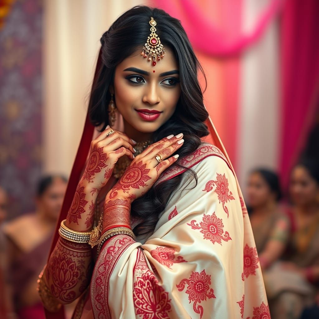 Regal Indian Bride in Crimson Saree with Intricate Henna