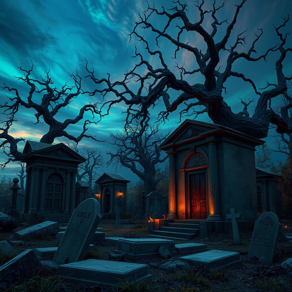 Mystical Graveyard at Dusk in High-Fantasy Style