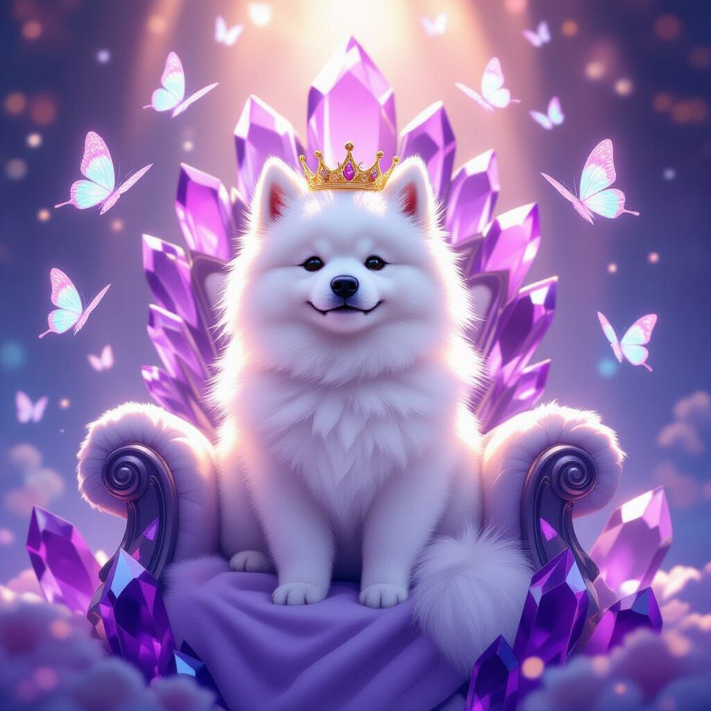 Samoyed Dog on Amethyst Throne with Butterflies