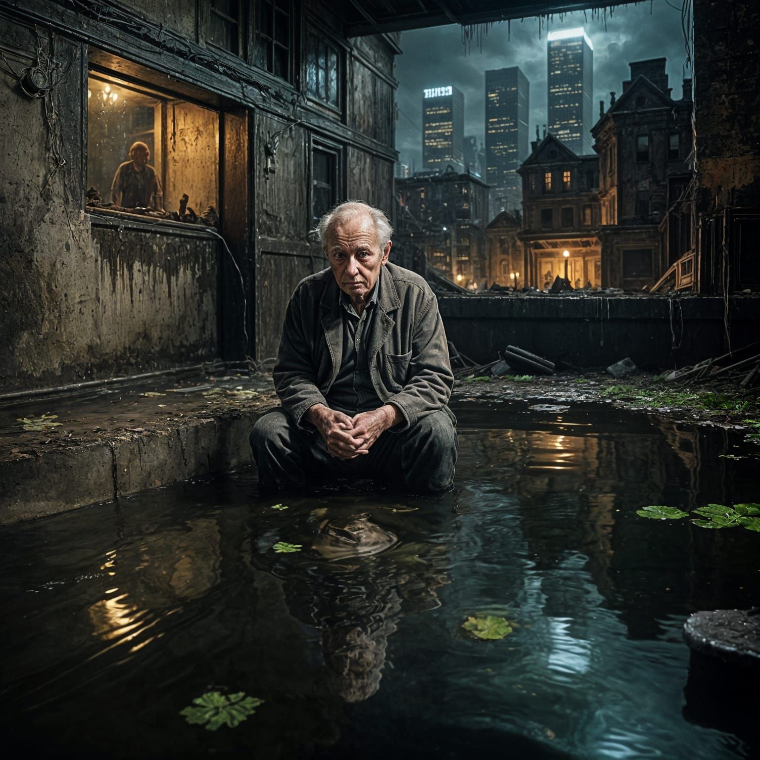 Elderly Man's Reflection: Decay vs. Vibrant City