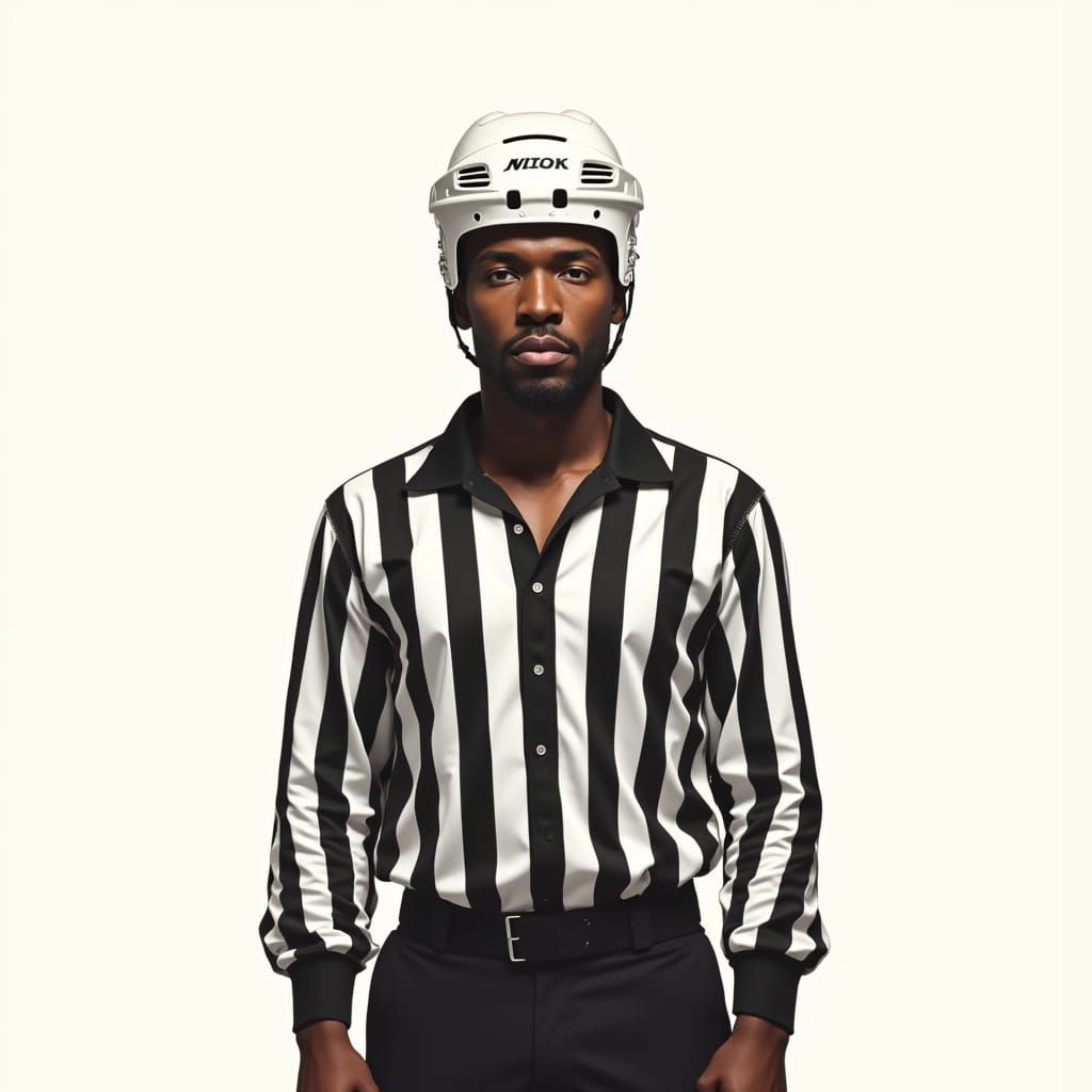 a male african american hockey referee with helmet,  1970's movie poster art style, full body facing forward, on a plain...