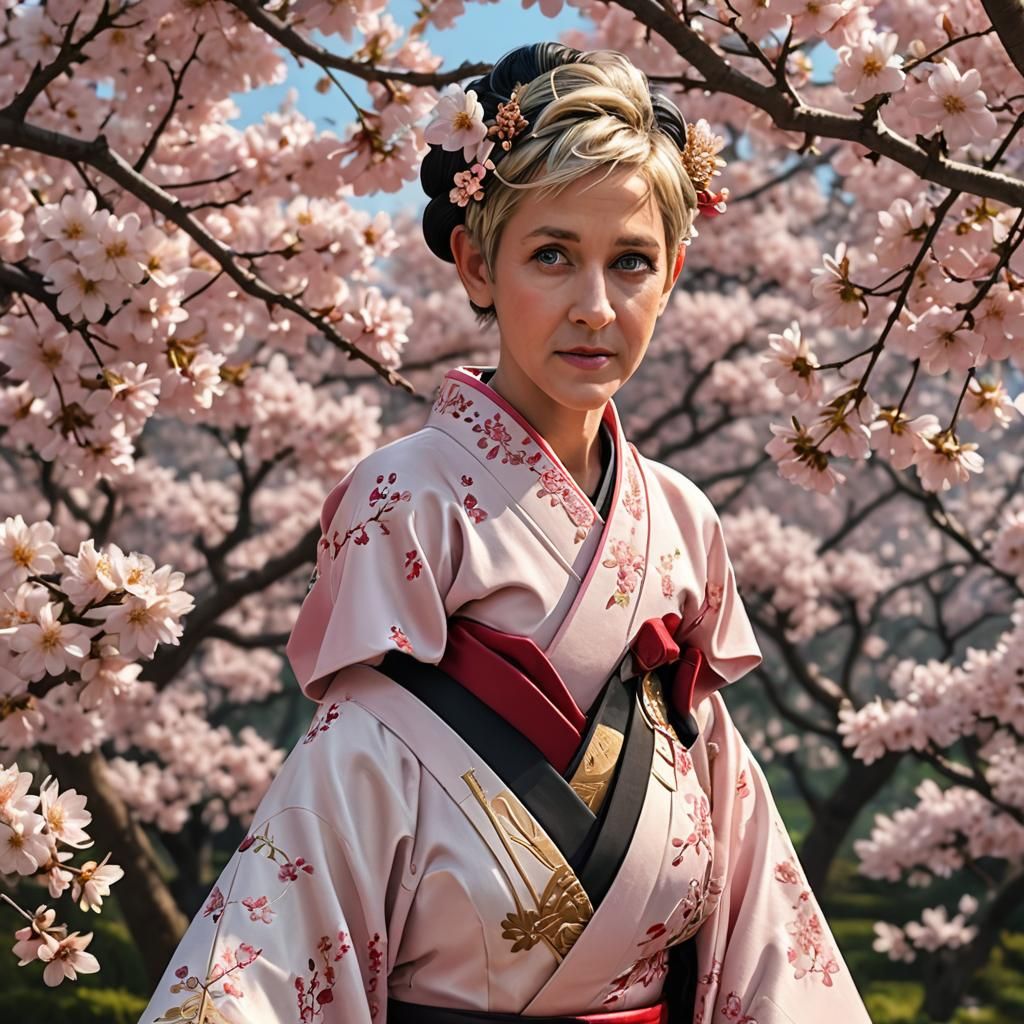 Geisha in Cherry Blossom Scene: Detailed Portrait