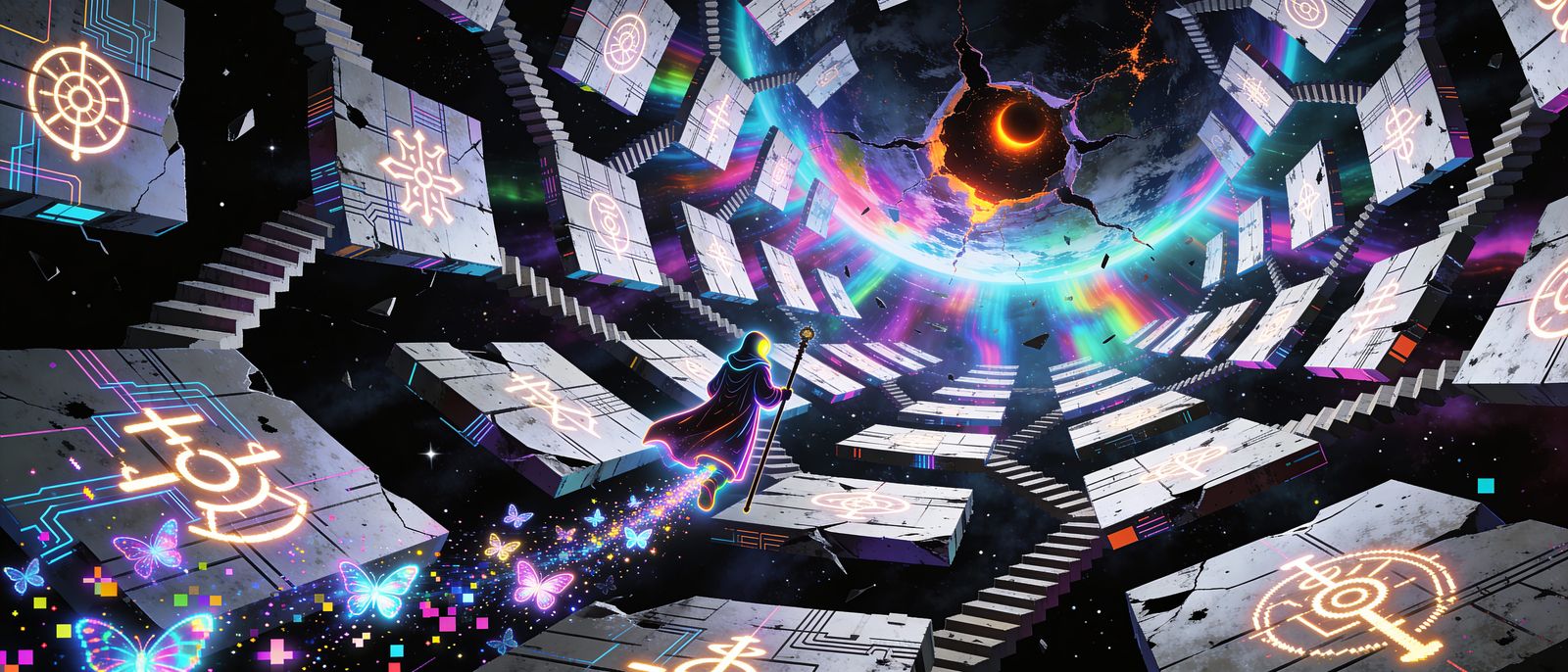 Neon Pilgrim in Zero-G Labyrinth