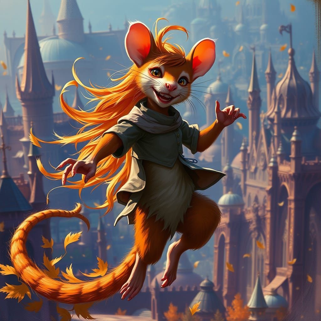 Vibrant Ginger-Haired Boy Dances in Whimsical Cityscape