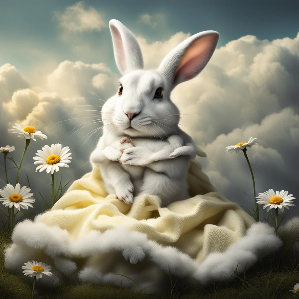 Rabbit on Cloud with Daisy, Hyperrealistic Image