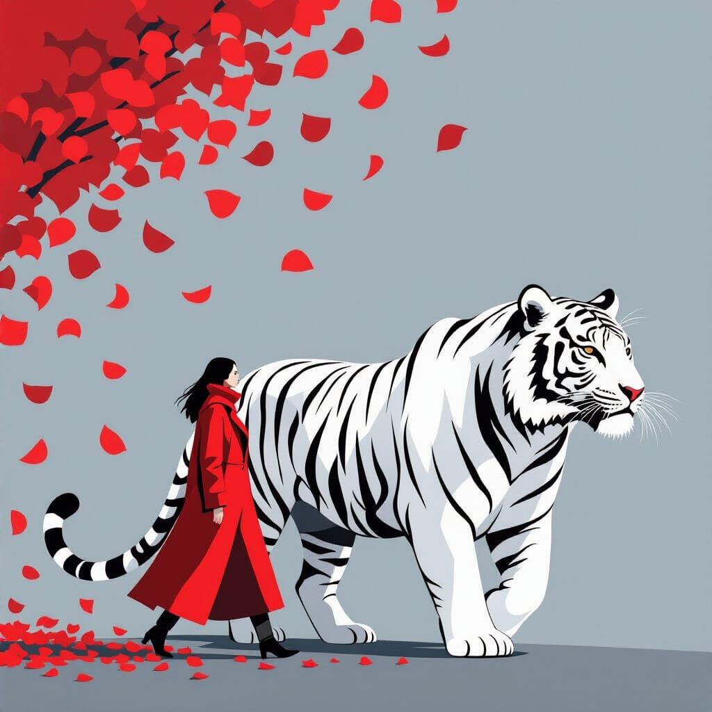 Woman in Red Coat Beside White Tiger with Petal Stripes