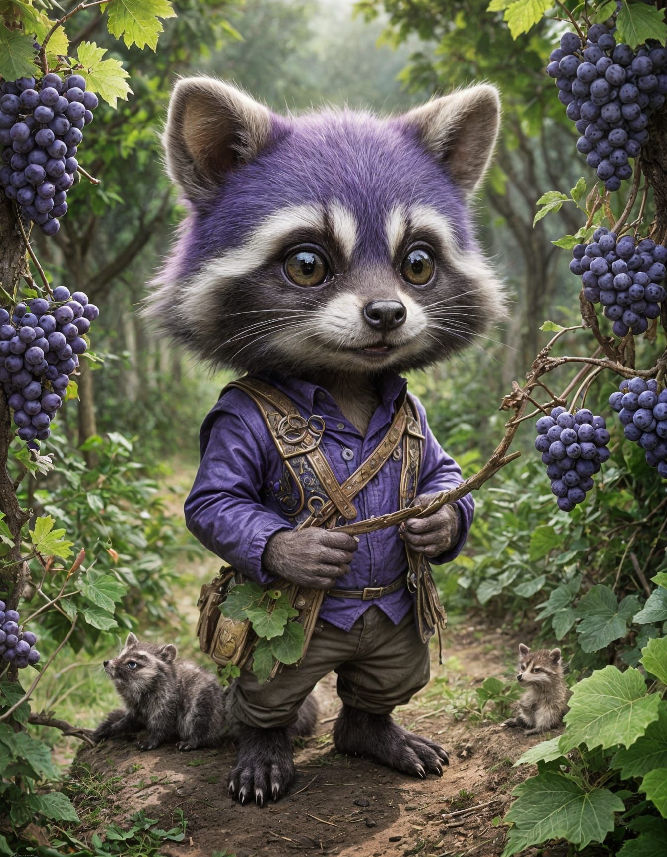 Chibi Raccoon in Fantasy Grapevine Vineyard