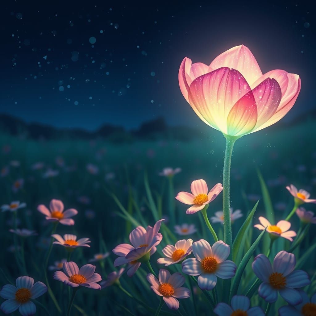 Glowing Rainbow Flower Under Starry Night Sky