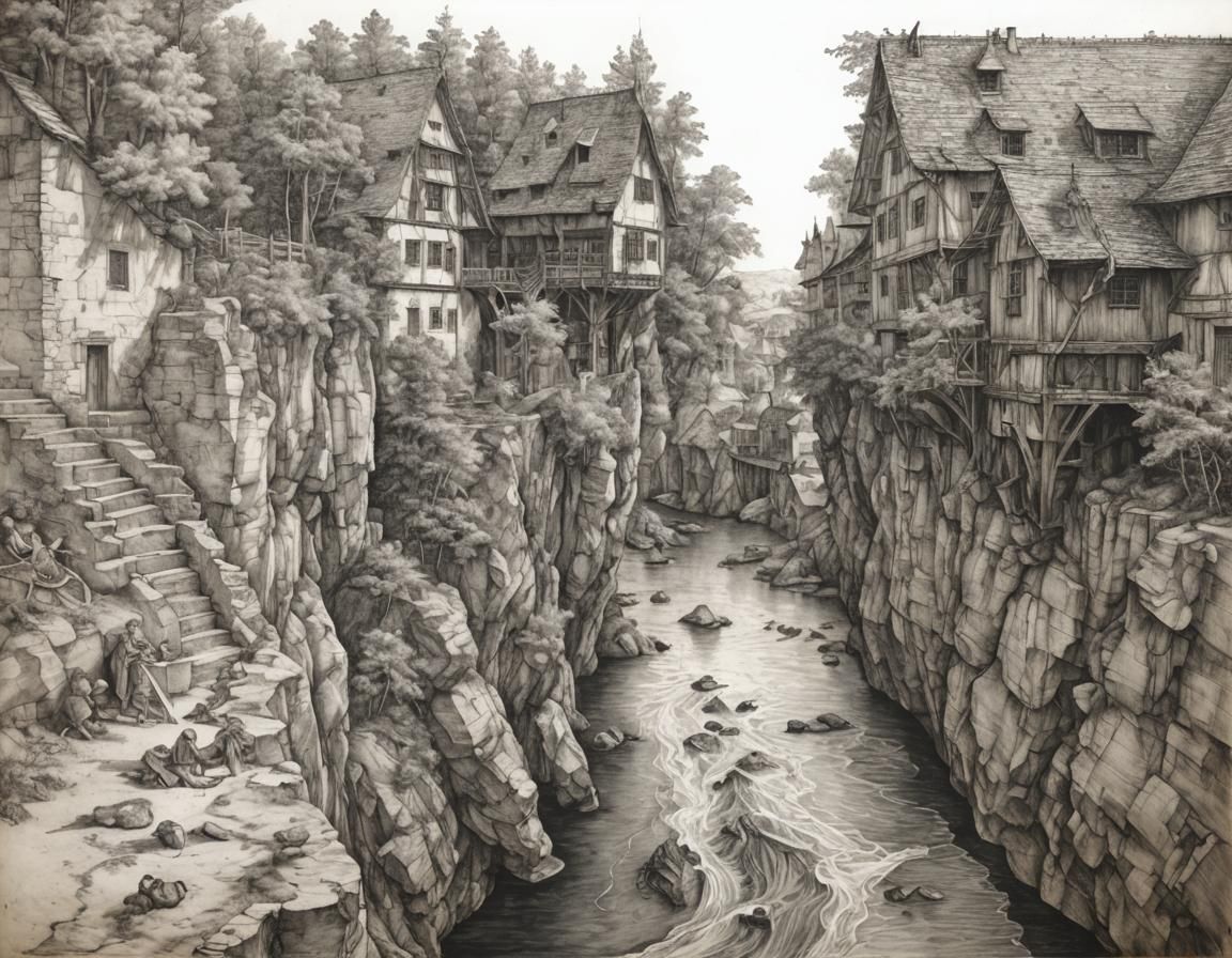 Hyperdetailed Charcoal Cliffside Town in Durer Style