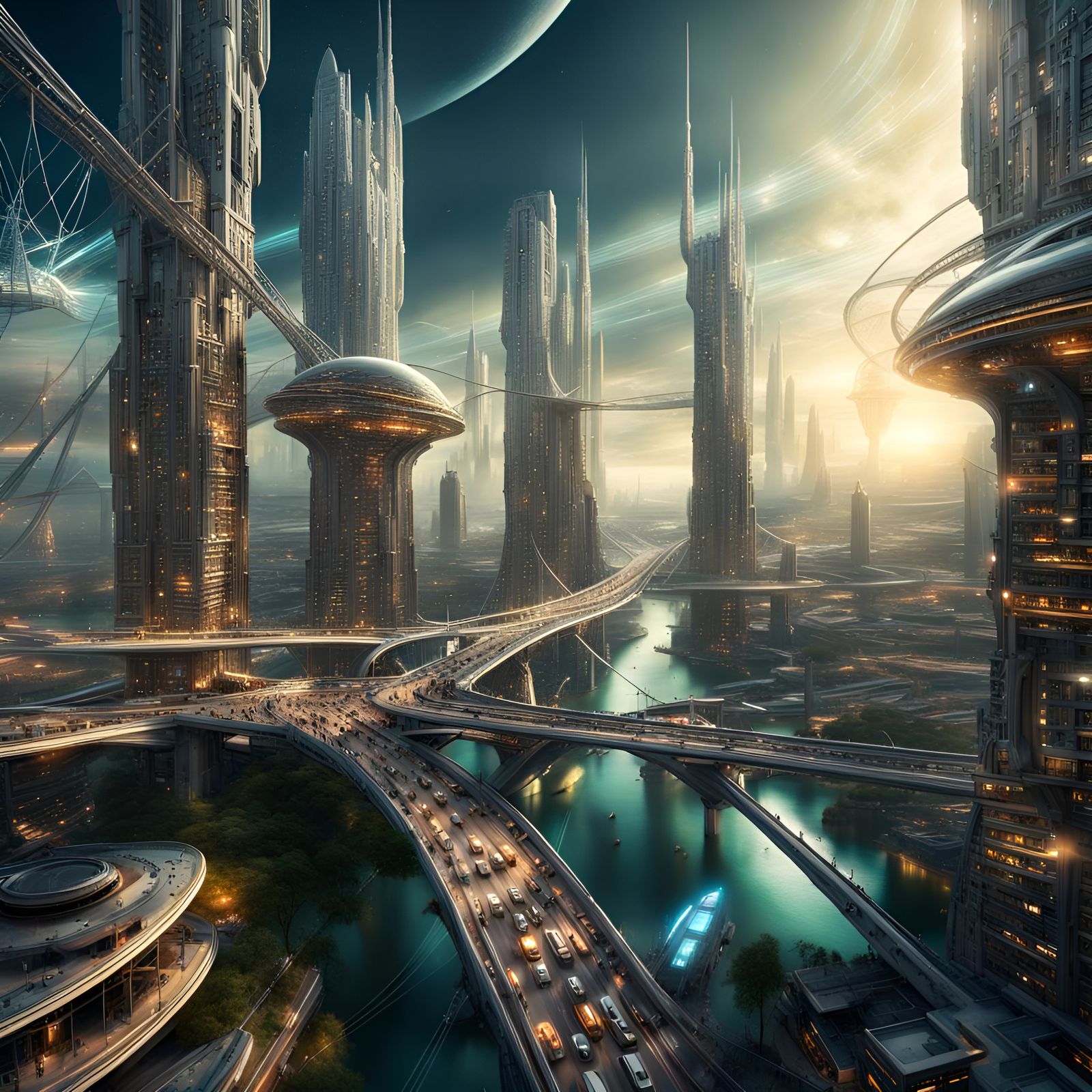 Surreal Intergalactic Cityscape with Sci-Fi Bridges