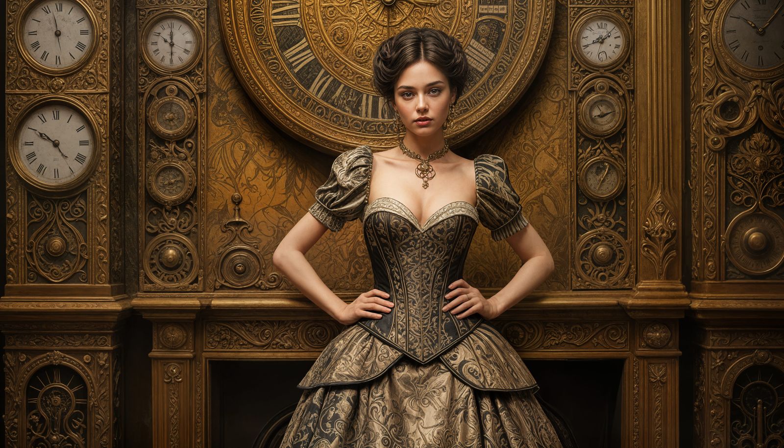 Elegant Time Traveler in Klimt-Inspired Steampunk Portrait