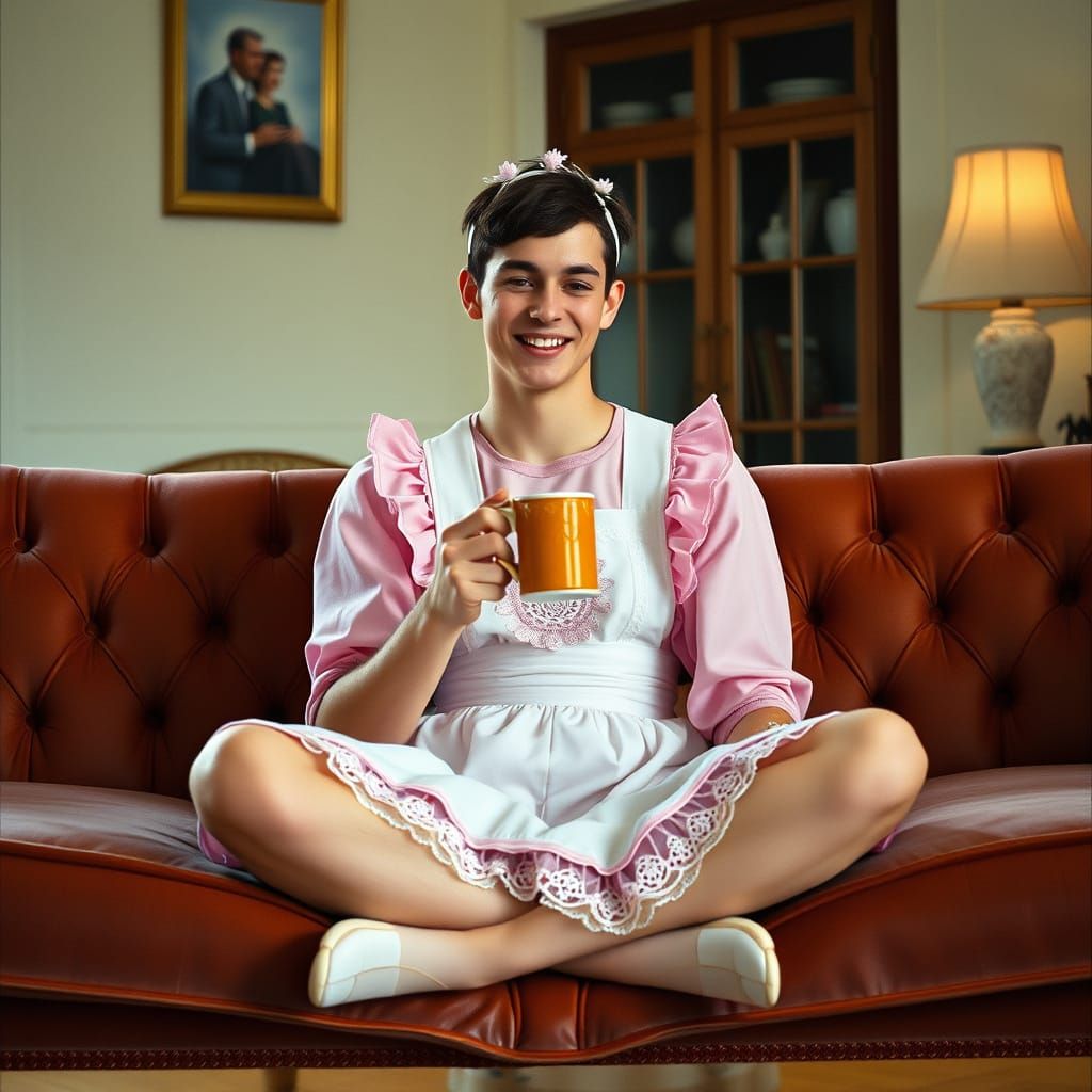 Charming Gentleman in Maid Attire Sits in Cozy Living Room