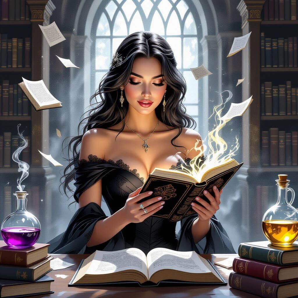 Woman in Black Gown Reads Spell Book in Windy Library