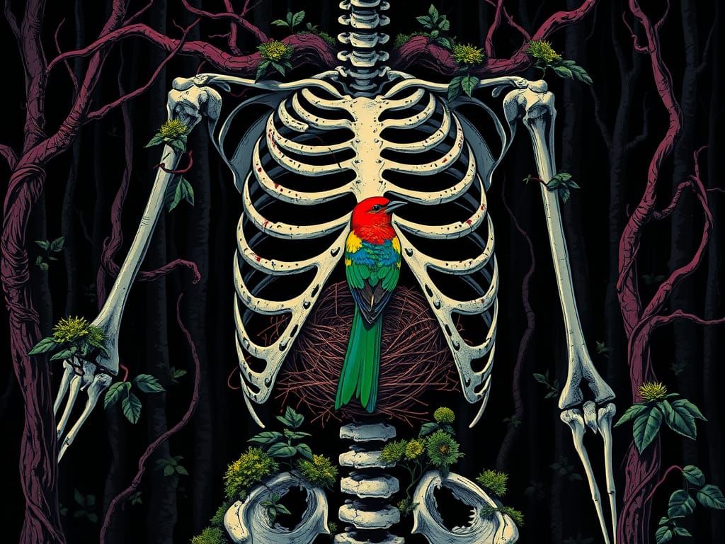 Bones and Bird Nest in Orphic Pop Art Style