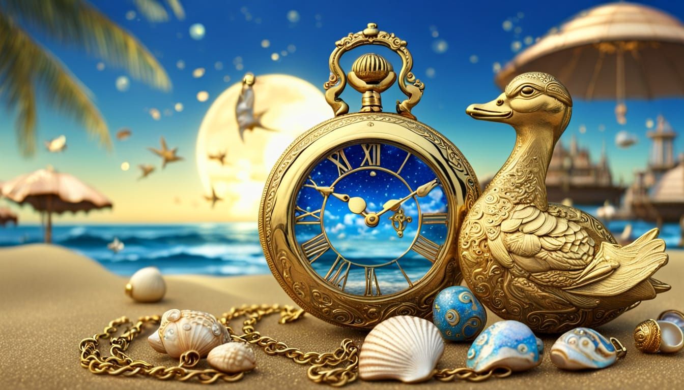 Gothic Gold Pocket Watch with Beach Accessories