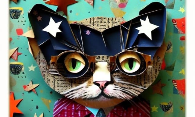 Whimsical Cat in Glasses: A 3D Collage