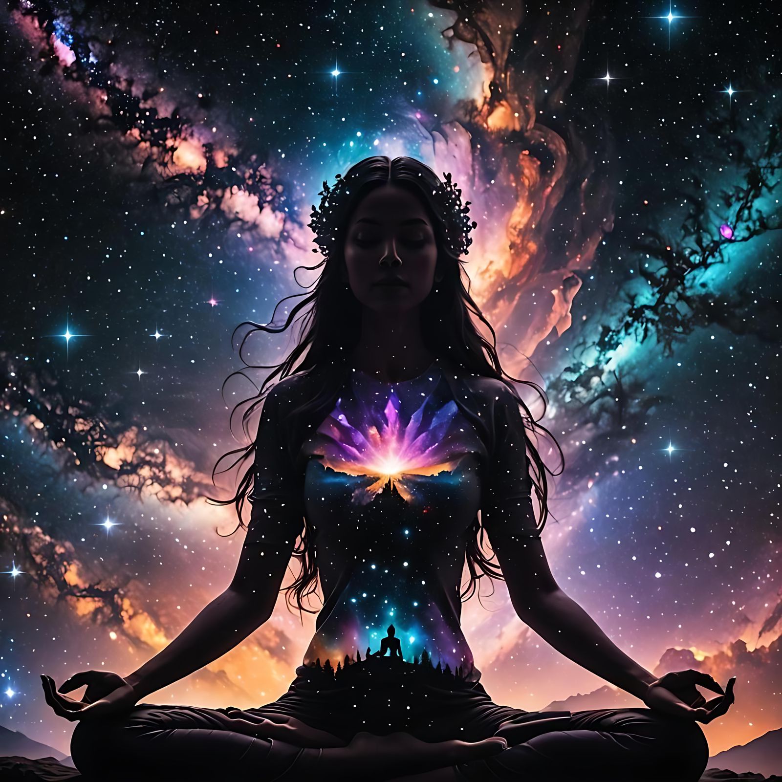 Meditating Yogini Silhouette with Galaxy Double Exposure