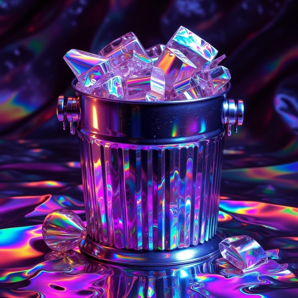 Holographic Trashcan Overflowing with Neon Glow and Iridesce...