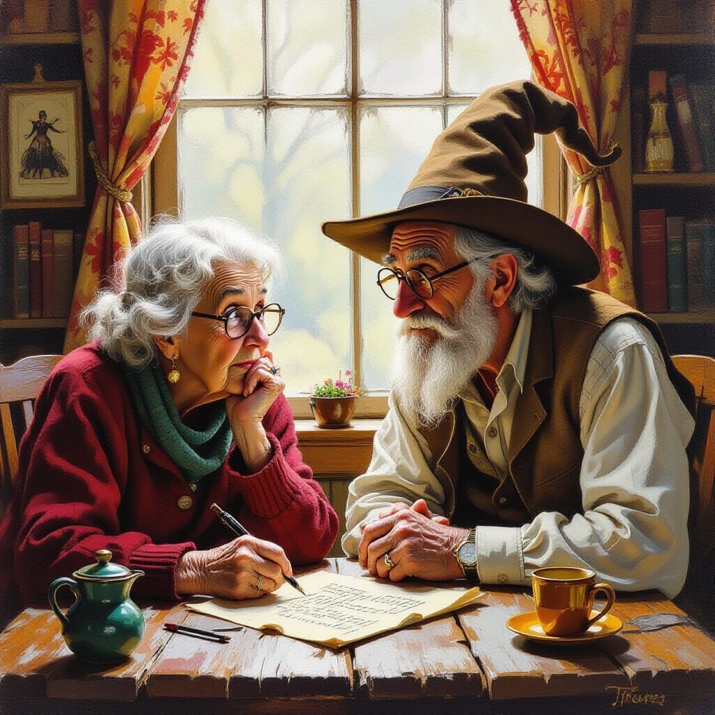 Nosy Woman and Trickster Man as Oil Painting