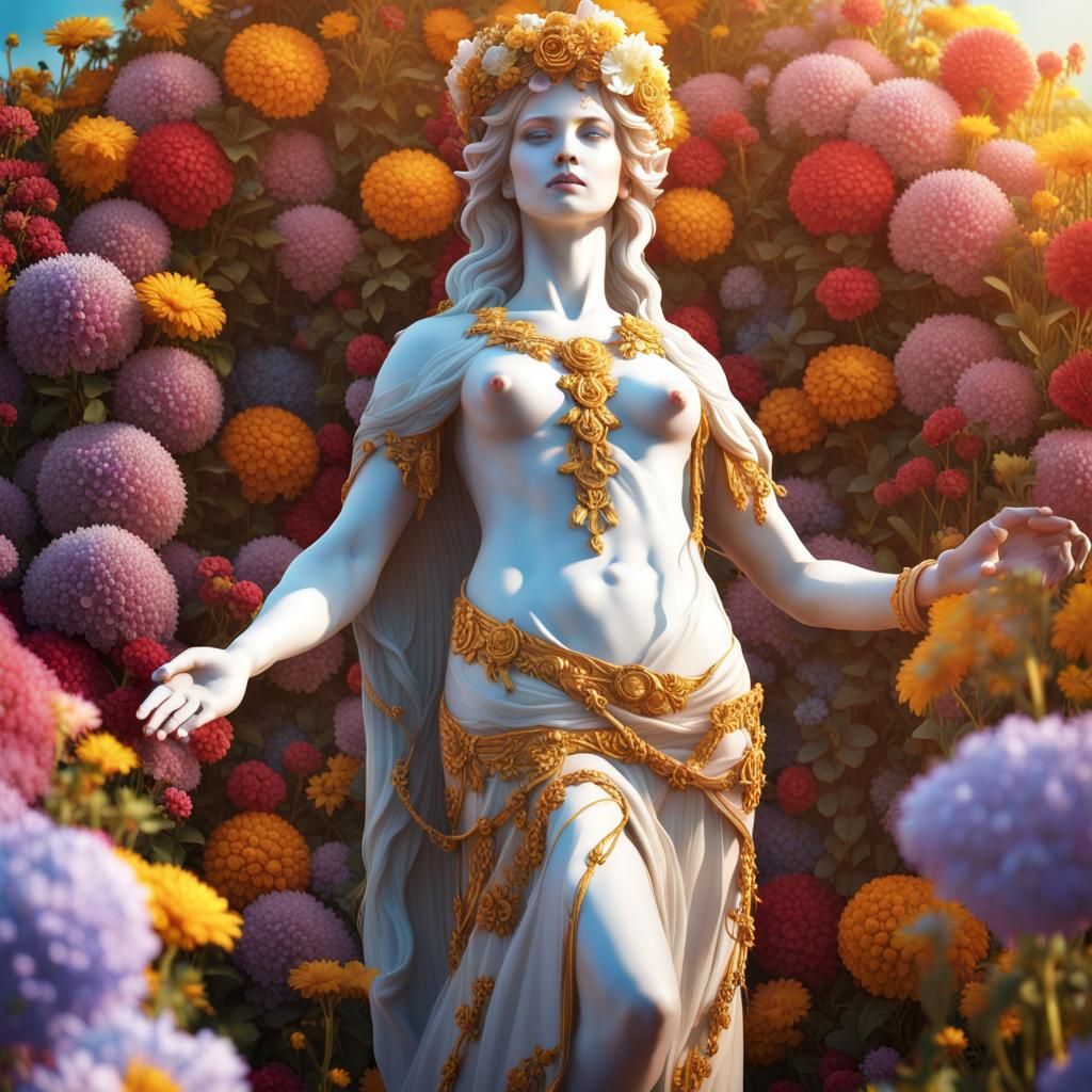 Goddess Persephone Sculpture in a Flower Field