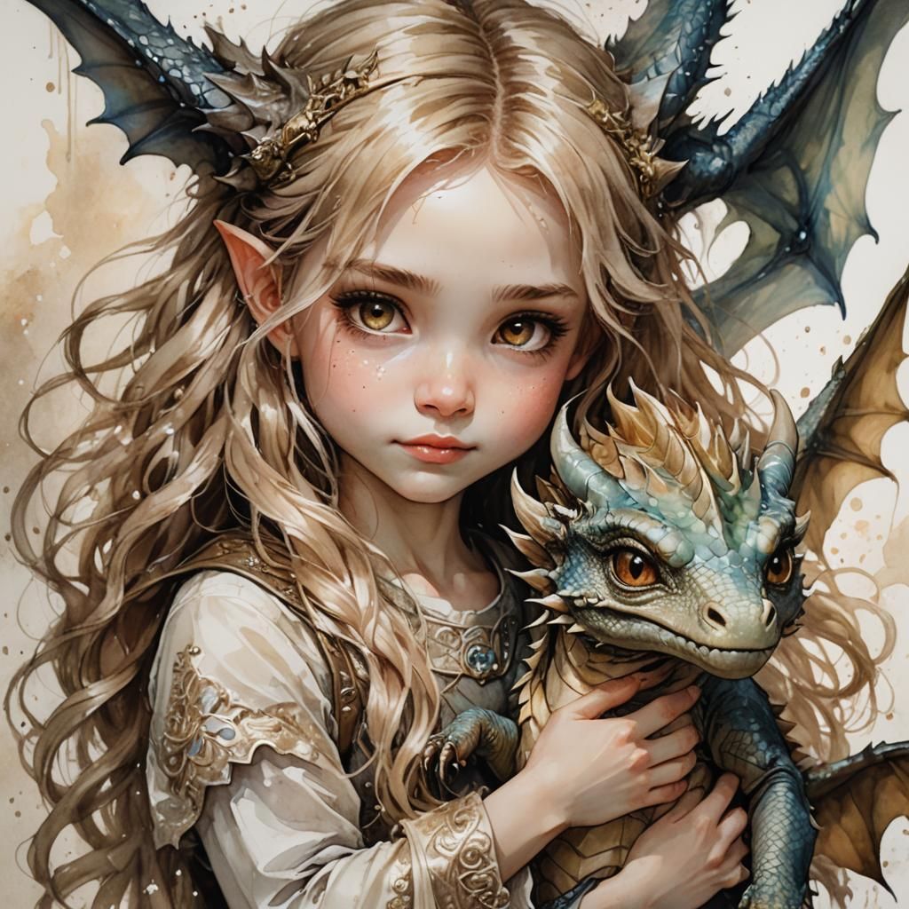 Chibi Girl with Dragon: Watercolor Manga Portrait
