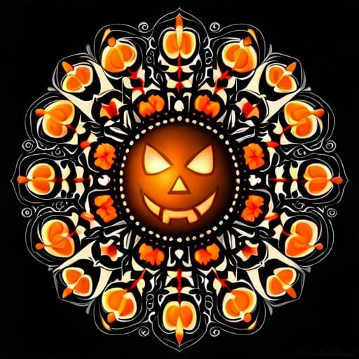 Halloween Mandala with Bats and Jack-o'-Lanterns