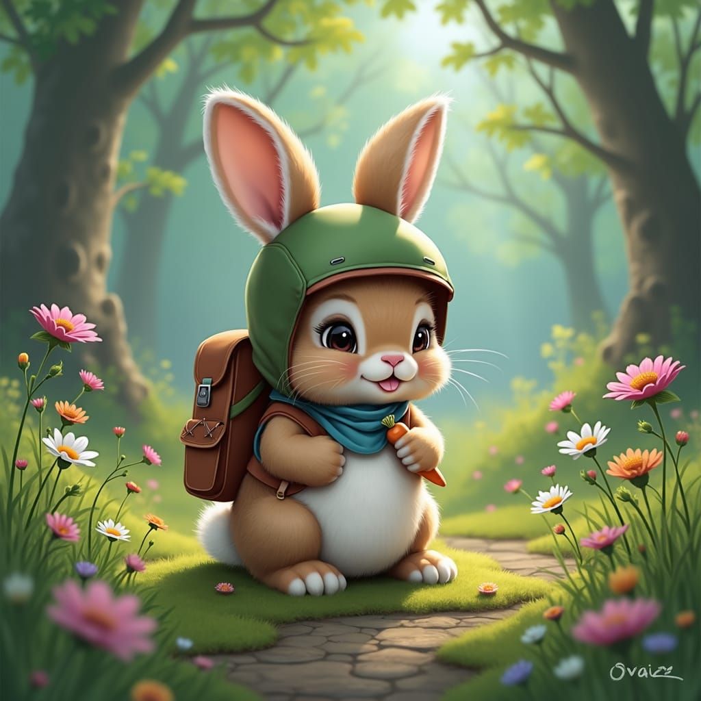 Cuddly Battle Bunny in Whimsical Pastel Meadow