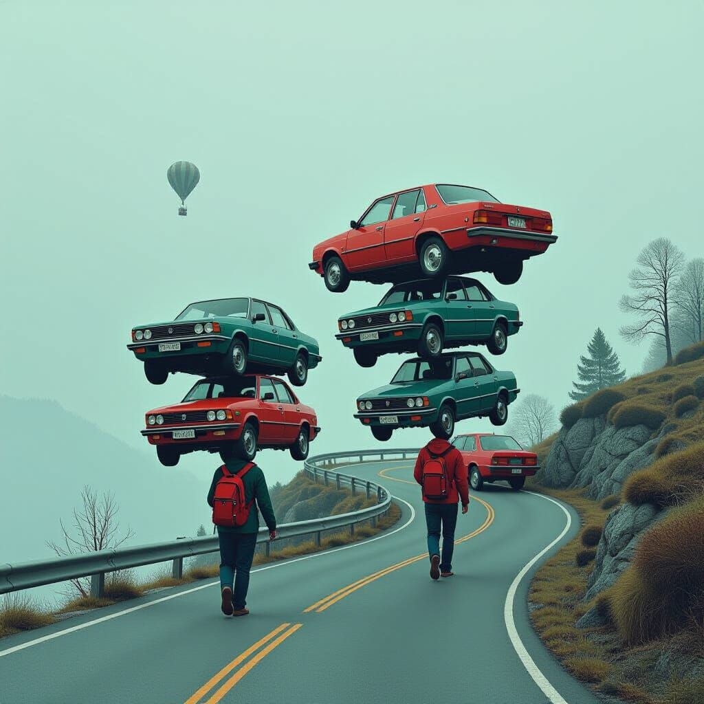Surreal Road: People Carrying Cars in Dystopia
