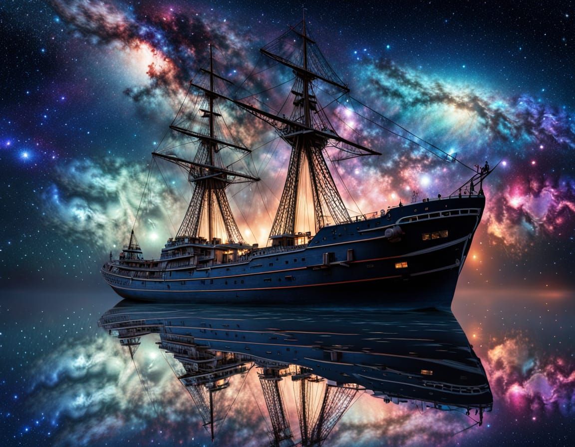Sailing Vessel Under Vibrant Cosmic Skies