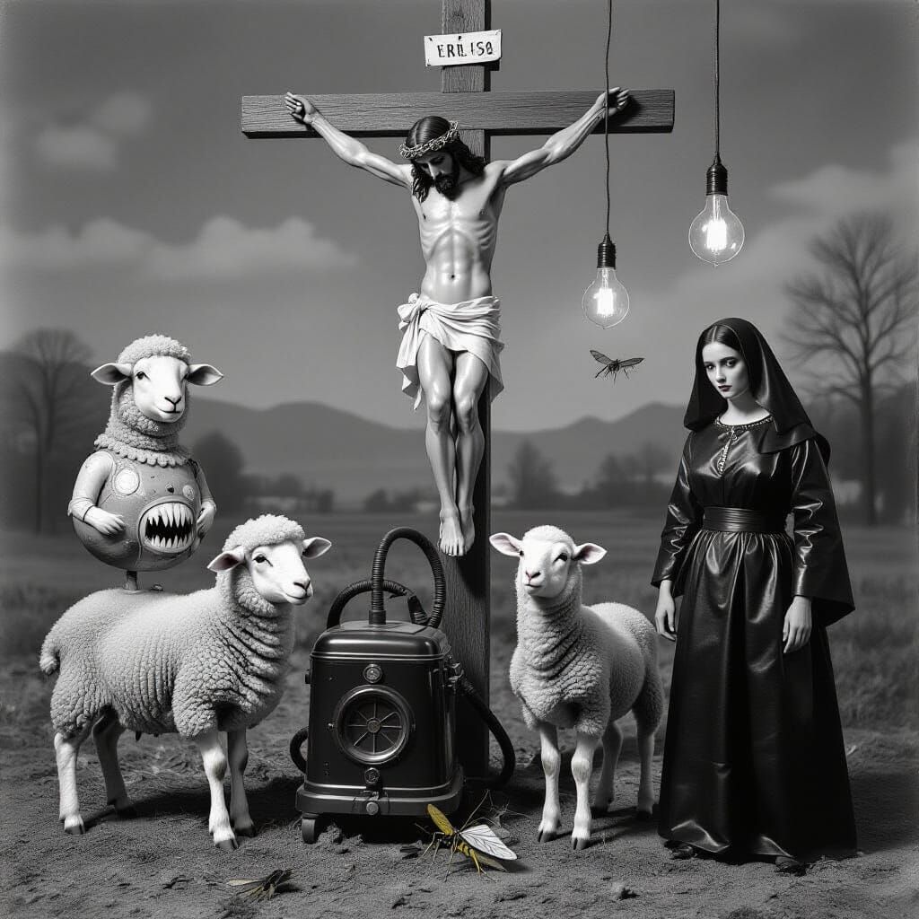 Surreal Lamb Hybrids in Haunting Monochrome Scene