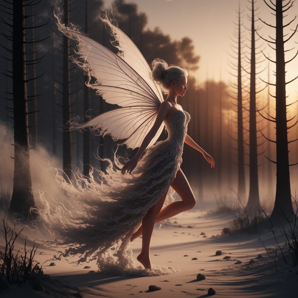 Smoky Ash Fairy in Charred Forest: Digital Art