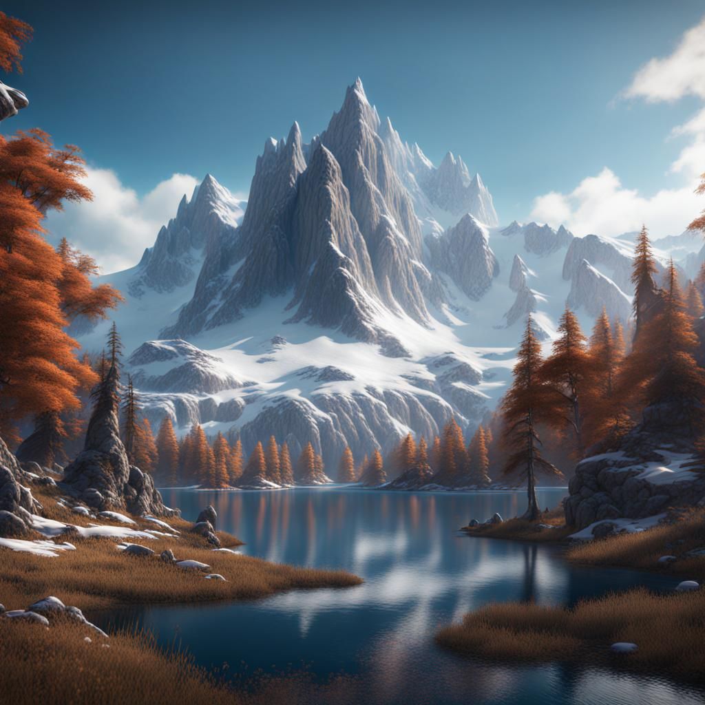 Snowy Mountain and Lake in Detailed Matte Painting