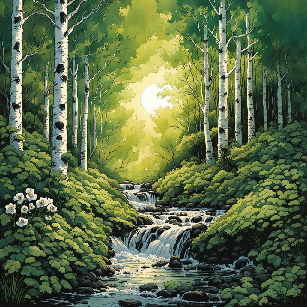 Birches and Anemones Ink Sketch in Spring Sunlight