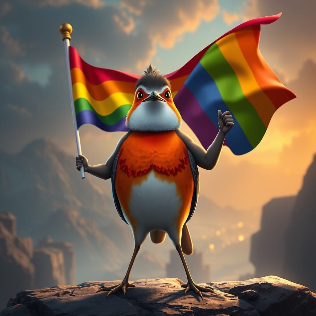 Robin with Pride Flag in Cartoon Style