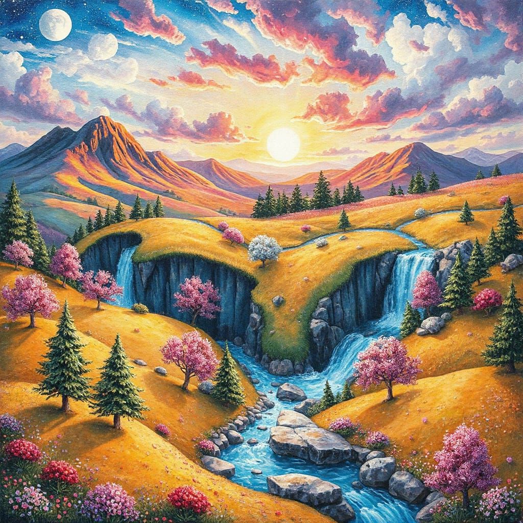 Whimsical Landscape with Iridescent Colors in 5D Style