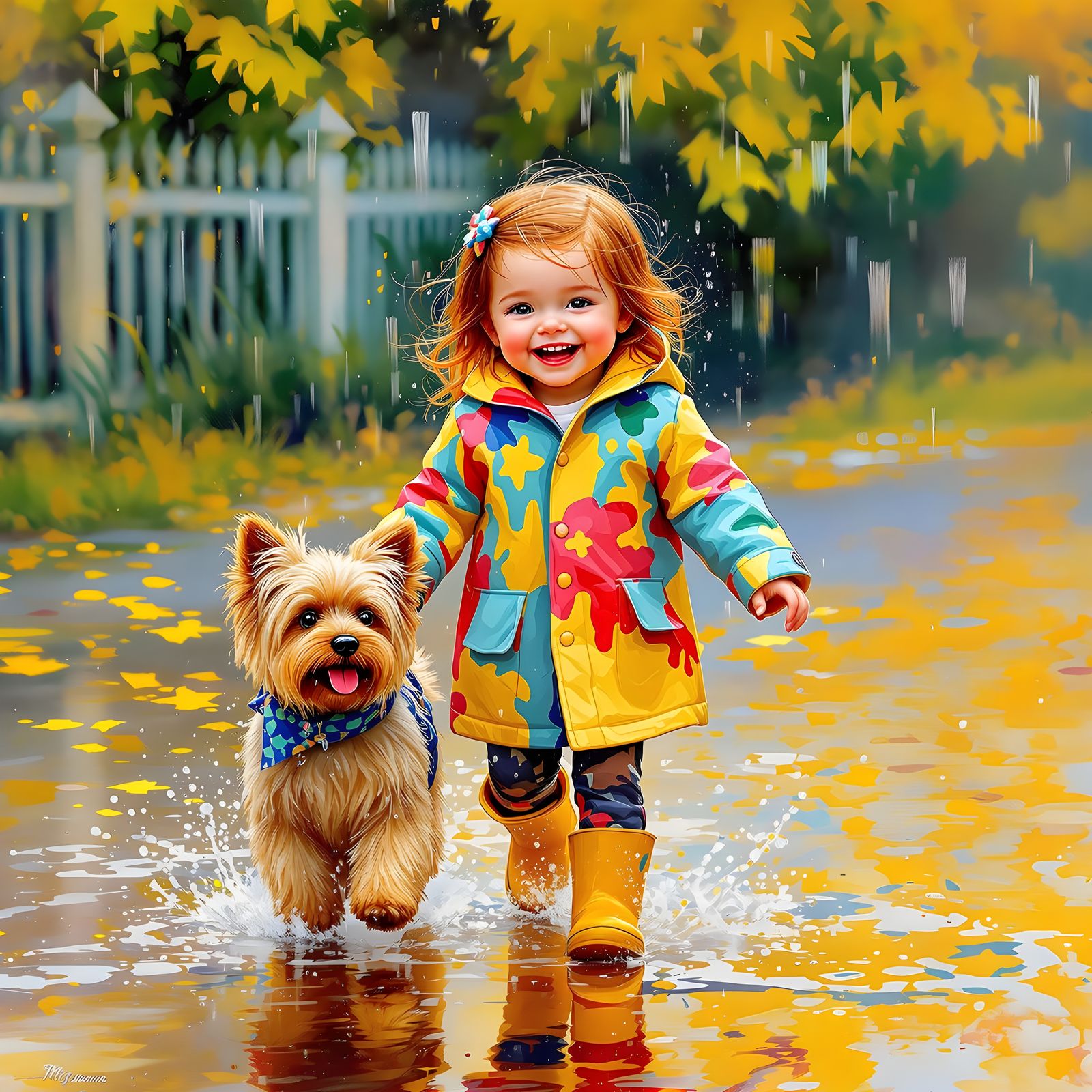 Toddler Girl Splashing in Rain with Yorkie Puppy, Impasto Pa...