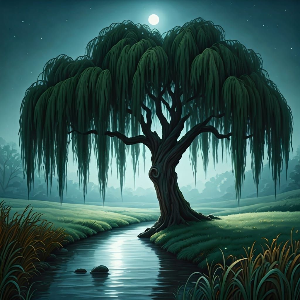 Whimsical Willow Tree and Moon in Watercolour