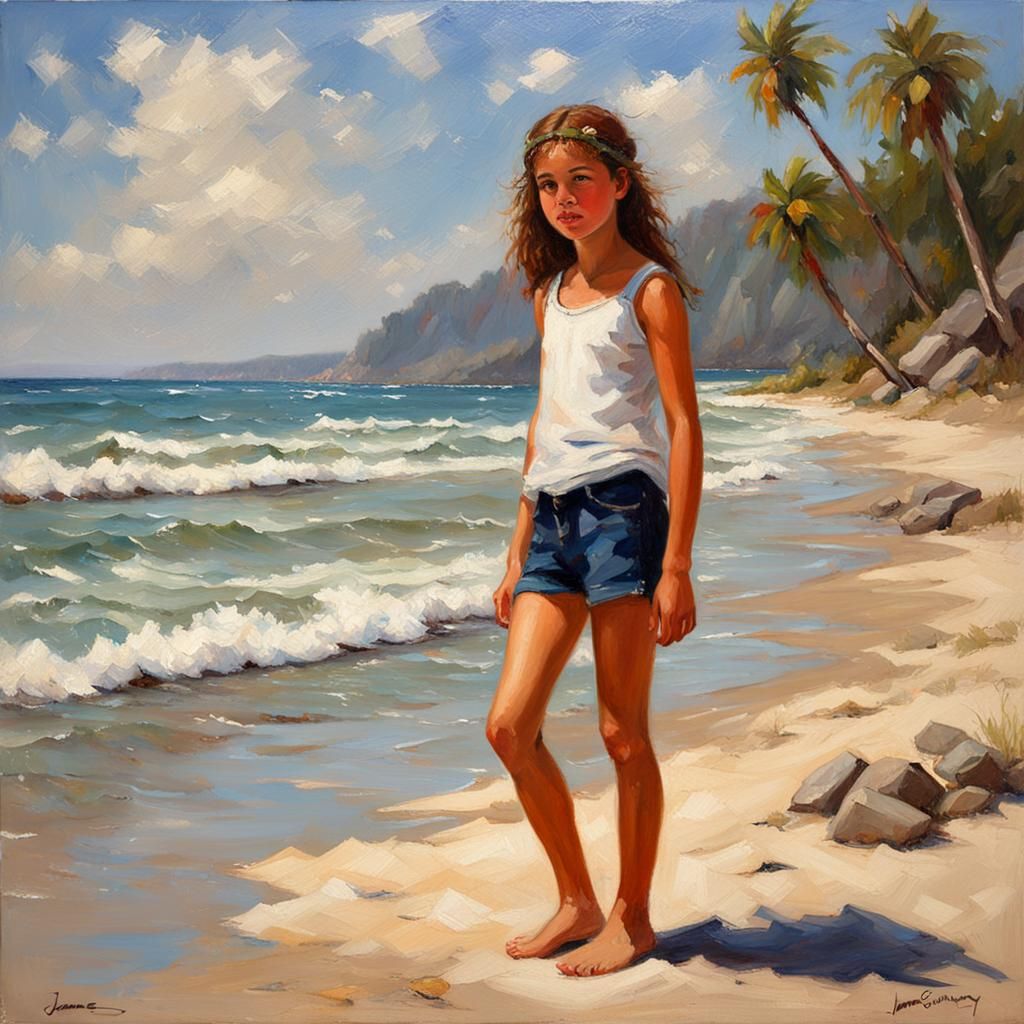 Teen Girl on Beach in Hudson River Oil Painting