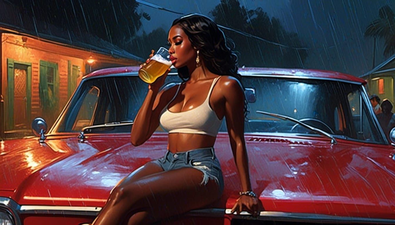 Barefoot girl sitting on the hood of a Dodge