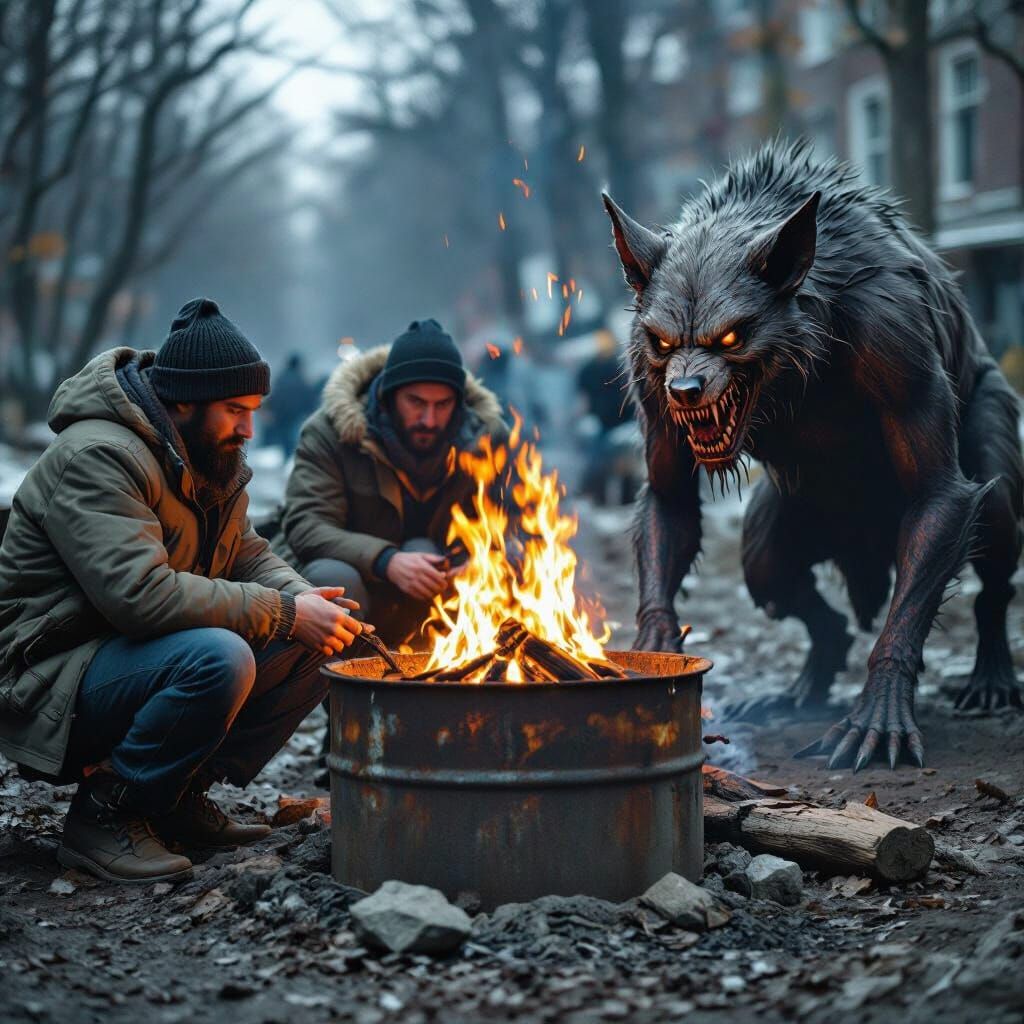 Homeless People Warm Hands by Barrel Fire, Unaware of Evil L...