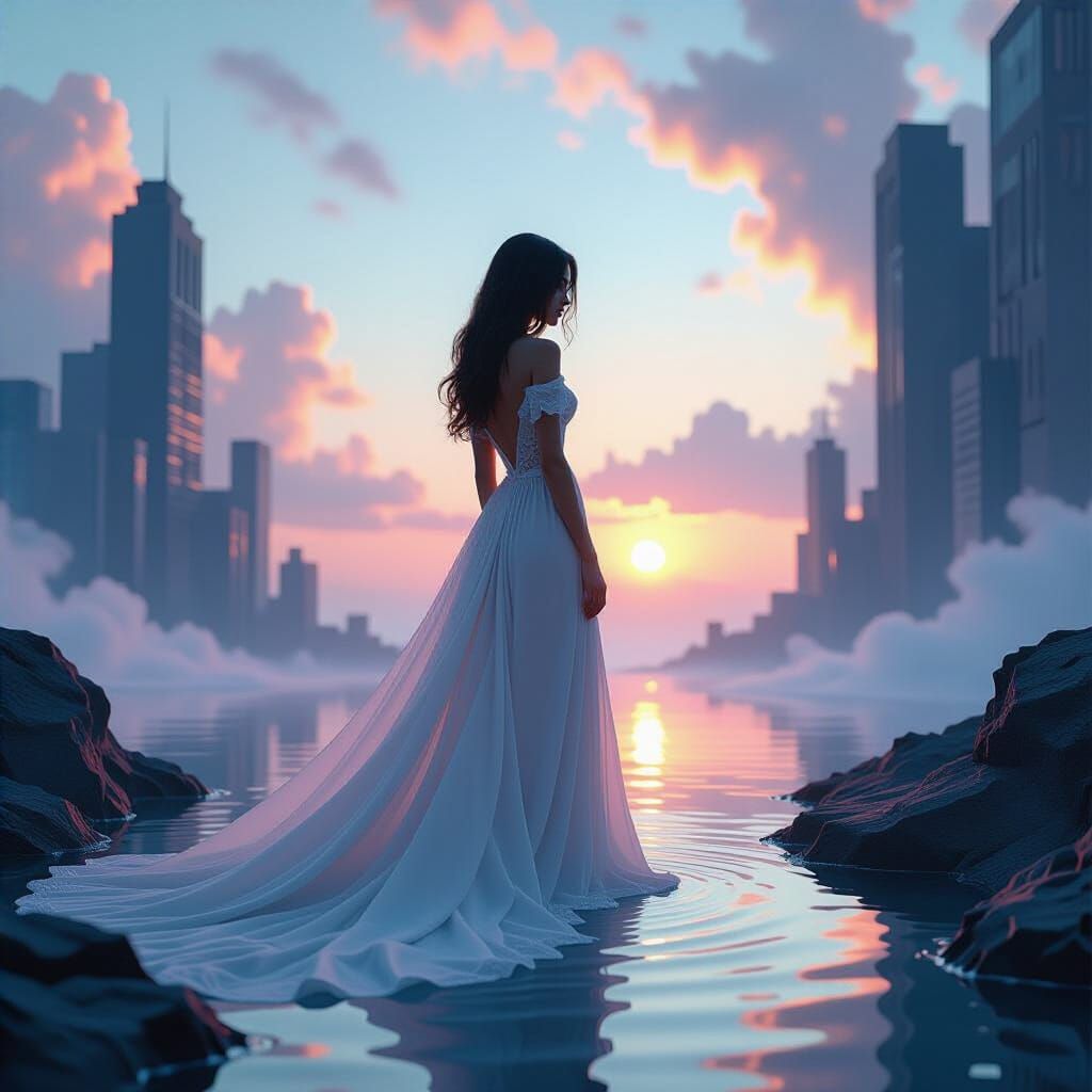 Surreal Woman in Dreamlike Landscape with Flowing Gown