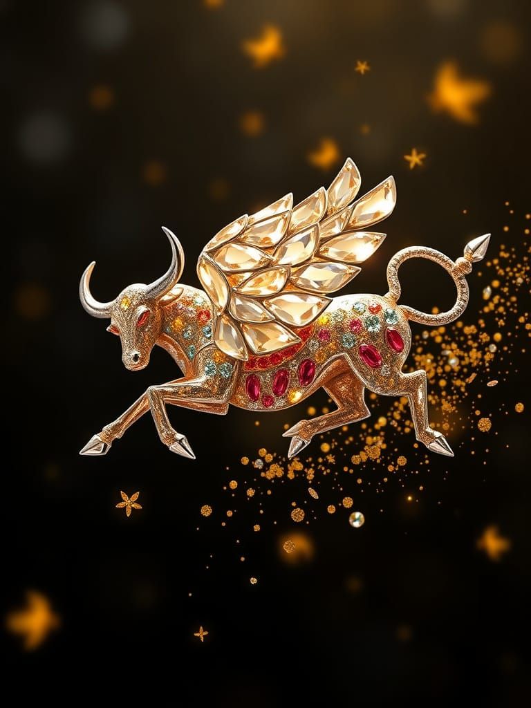 Dynamic Silver Bull Brooch with Crystal and Rubies