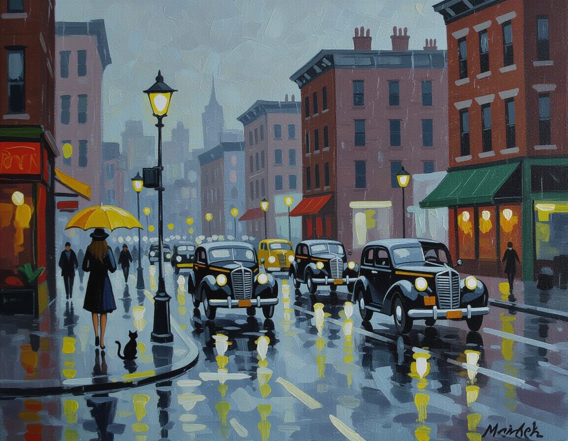 Monochrome 1940s City Scene with Yellow Umbrella