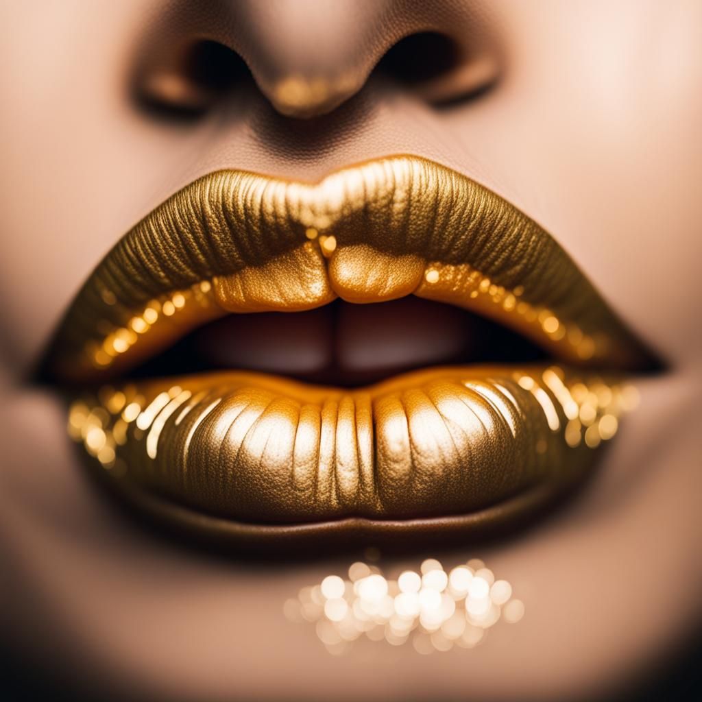 Painting of Shiny Gold Lips in Bokeh Style