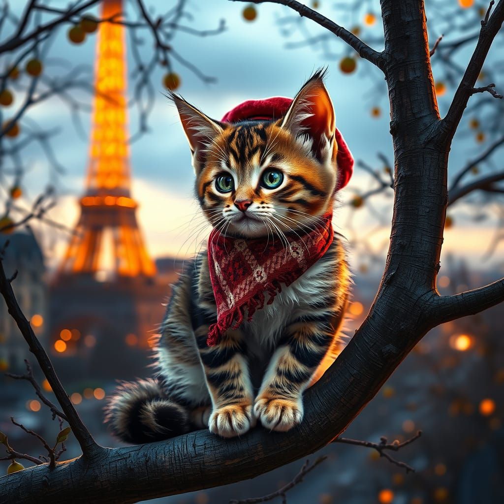 Kitten in Paris Portrait with Fantasy Realism Style